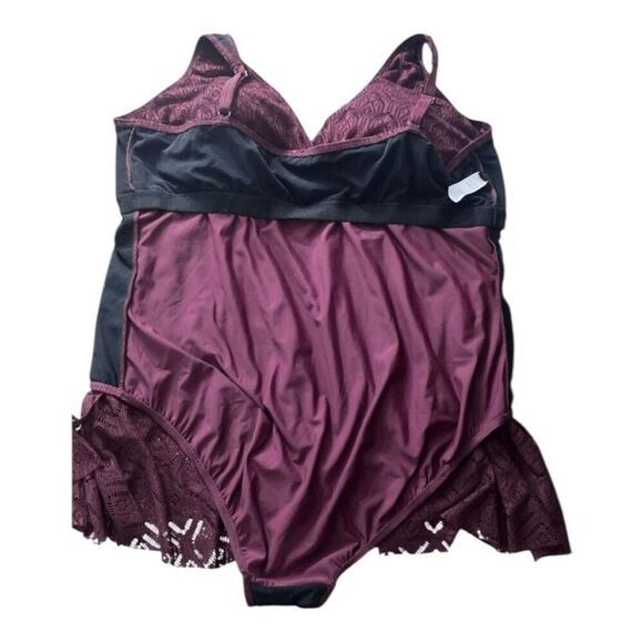 Swimsuits For All Wine Crochet Side Slit V-Neck Swim Dress Plus Size 32 Burgundy - Picture 8 of 13